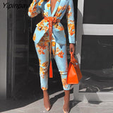 Yipinpay Women Chic Elegant All over Print  Long Sleeve Sashes Ankle-Length Pants Spring Working Blazer Sets 423-1