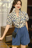 Yipinpay Summer Small Cute Sweet Floral Women's Shorts Sets Fashion Loose Bubble Short Puff Sleeve Shirt+wide Leg Shorts 2-piece Set 0406