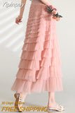 Yipinpay Solid Color Cake Long Skirt Mesh Puffy Women Sexy Korean Floor Length Party Skirts Loose Elastic Female Ball Gown Summer