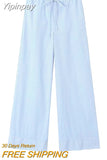 Yipinpay TRAF Fashion Striped Women's Pants 2023 Summer Wide Leg Pants Women Casual Loose Trousers Ladies Low Waist Lace Up Pant