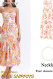 Yipinpay Summer Blue Midi Floral Print Holiday Dress Elegant Spaghetti Strap Full Skirt Go Out Party Dresses Women Dress 2023
