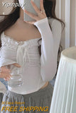 Yipinpay Spring Basic Lace Y2k Crop Tops Woman Slim Pure Color Korean T-shirt Office Lady Casual Fashion Clothing Female Design