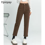 Yipinpay High Waist Elastic Denim Harem Pants Ladies Casual Vintage Wash Jeans Women Autumn Winter Brown Mom Jean Femme