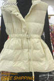 Yipinpay Stand Collar Sleeveless Vest For Women 2023 Winter Warm Belt Loose Waistcoat Padded Jackets Base Top Solid Color Overcoat