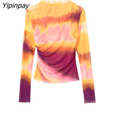 Yipinpay Women Tie Dye Pleated Tulle Blouses Tops 2023 Summer Vintage Long Sleeve Transparent Thin T-Shirts O-neck Casual Tops