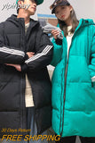yipinpay Women Green Down Clothes Medium And Long Casual Windproof Warm Baggy Hooded Stripe Coat Fashion Puffer Padded Outwear Winter