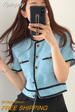 Yipinpay Korean Summer Thin Contrast O Neck Short Sleeve Jackets Women Crop Tops Single-breasted Straight Coat Fashion Clothing