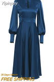 Yipinpay Elegant Evening Dresses Navy Hollow Out Woman Satin Midi Party Dress Spring Lantern Sleeves Sliky Keyhole Dress 2023