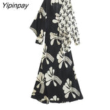 Yipinpay Spring Autumn Women Printed Mid-Calf Dresses 2023 Elegant Ladies V-Neck Dresses Long Sleeve Soft A-line Vestidos