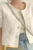 Yipinpay Button O Neck Tweed Short Sleeve Cardigan White Coat Summer Plaid Shirt Women Korean Style Cropped Jacket Tops Slim