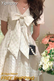 Yipinpay Short Sleeve Elegant Casual Women's Dresses Party Bow Design Sweet Vintage Dress Females One Piecce Dress Korean Chic