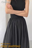 Yipinpay De Mujer Black O Neck Pleated Large Swing Sleeveless Dress Women Midi Fake Two Piece White Vest Dress Tank Casual