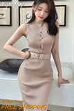 Yipinpay Temperament Sexy Slim Single-breasted O Sleeveless Stretch Knitted Bag Hip Dress Women Split Mini Fashion Bottom Wild Autumn