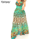 Yipinpay Women Chic All Over Print Spaghetti Straps Hollow Out Leopard Pattern Sleeveless High Silt Maxi Sexy Dress