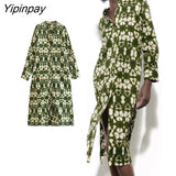 Yipinpay 2023 Summer Women Printed Shirt Dresses Elegant O-neck Single Breasted Dress A-line Long Sleeve Mid-Calf Vestidos