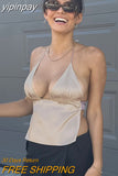 yipinpay Vintage Sexy Off Shoulder Backless Fashion Satin Tank Tops Women Summer 2023 Halter Party Evening Mini Crop Tops Y2K