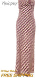 Yipinpay MO Elegant Striped Print Slip Backless Dress For Women Sexy See Through Sleeveless Slim Evening Robe Ladies Maxi Dress