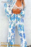Yipinpay Women Casual 2 Pcs Clothes Set Flower Abstract Pattern Print Lapel Buttons Long Sleeve Shirts Tops With Loose Long Pants New