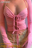 yipinpay Y2K de dos piezas para mujer, Top corto rosa, camiseta ahuecada de vendaje, Top con Espalda descubierta, ropa de calle de otoño, camisetas de manga larga