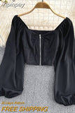 Yipinpay Spring Autumn Women Blusas And Tops Solid Color Sexy Casual Blouses Zipper Y2K Shirts Female Korean Cropped Tops 2023