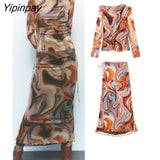 Yipinpay Elegant Women Tulle Printed Skirts Suits Folds Tops Bow Mid-Calf Skirts Sets Long Sleeve Shirt Blouse 2023 Spring Autumn