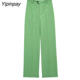 Yipinpay New Women Fashion Blazer Suit 2023 Female Spring Autumn Office Outfits Pockets Jackets Wide Leg Trousers High Street Wear