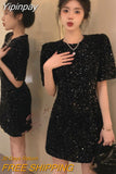 Yipinpay Spring Vestido Feminino Mini French Black Short Sleeved Velvet Sequin Dress Women Party Sexy Bodycon High Slim New