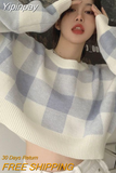 Yipinpay Crop Contrast Check Sweater Women Sueter Mujer Casual Knit Outwear Top 2023 Shirts for Women Blue Plaid Sweaters