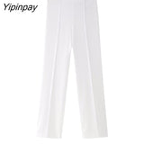 Yipinpay Women 2023 Elegant Blazer Suits Sets Fashion Long Sleeve Jacket With Belt Solid High Waisted Baggy Wide Leg Pants