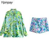 Yipinpay Fashion Women Floral Print Shorts Shirts Sets 2023 Summer Causal Single Breasted Bow Tops A-Line Side Zipper Short Pant