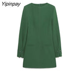 Yipinpay Elegant Autumn Women Mini Dresses 2023 Female Fashion O-neck Green Vestidos Long Sleeve Soft Pullovers