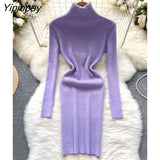 Yipinpay Full Sleeve Slim Knitted Pencil Dress Female Casual Pullover Turtleneck Sweater Bodycon Dress Ladies Autumn Winter