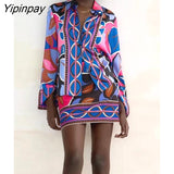 Yipinpay 2023 Summer Women 2PCS Print Blouses+Skirts Set New Turn Down Collar Long Sleeve Tops High Waist Dress Girl Outfits