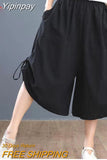 Yipinpay Summer Cotton Linen Oversized Loose Women's Pants Bloomers Wide-leg Pants Flares Elastic Waist Ladies Cropped Skirt Pants
