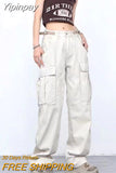 Yipinpay Retro Multi-Pocket Overalls Women's Y2K Street Hip-Hop Casual Pants Unisex Trend Loose Straight Leg Overalls Women's