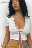 yipinpay Tee Tops Short Sleeve Crop Top Women Hollow Out T Shirt Summer Y2K Clothes Skinny Black Top Streetwear White T-Shirts