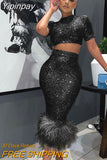 Yipinpay Women Sexy Sequins Hip Skirt 2 Piece Set Shiny Cropped Tops Hem Feather Bodycon Skirt Suit 2023 Fashion Party Glitter Outfits