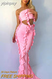 yipinpay Ruffles Aesthetic Dress Set Strapless Crop Tops And High Waist Long Skirt Suit Two Piece Set Summer Party Outfits 2023