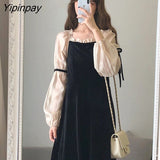 Yipinpay Style Dress Women Autumn and Winter Puff Sleeves New Square Collar Black Dress Female 2023