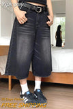 Yipinpay Women Black Y2k Style Baggy Denim Shorts Wide Leg Short Pants Fashion High Waisted Dark Wash Knee Length Jeans Female Casual