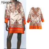 Yipinpay Elegant Women Printed Dresses 2023 Spring Autumn Fashion Vintage V-neck Mini Dresses Long Sleeve Soft Causal Vestidos