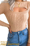 Yipinpay Winter Cutout Knit Sweaters Clothes for Women 2023 2023 Vintage Long Sleeve Cable Knit Round Neck Slim Cropped Sweaters
