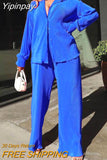 Yipinpay Women Street Pleated Tracksuit Two Piece Sets Solid Long Sleeve Blouse And Wide Leg Pants Sets 2023 Summer Casual Female Outfits