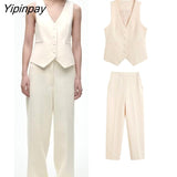 Yipinpay Newest Spring Autumn Women Vest Pant Sets 2023 Suit Office Outfits Pockets Jackets Wide Leg Trousers Basic Zipper Long Pant