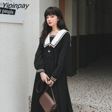 Yipinpay Spring New Women Dress Japanese Preppy style Long black dresses Sailor collar High wait female dress Sweet Girl bing