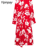 Yipinpay Spring Summer Women Floral Printed Dresses 2023 Fashion Ladies O-neck Party Mid-Calf Dresses A-line Long Sleeve Vestidos