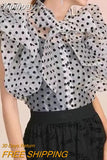 Yipinpay Puff Sleeve Black Polka Dot Shirt Women Vintage Blusa Bow Lace Up Lantern Sleeve Transparent Shirt New Blouse Top 2023