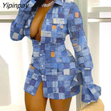 Yipinpay Women 2023 Long Sleeves Turn Down Collar denim pattern Patchwork Pocket Button Mini Dress
