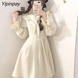 Yipinpay Autumn Women Dress Sweet Japan style Peter pan collar Solid Simply Cute girl dress female bing 2023 HOT