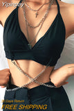 Yipinpay Women Sexy Sheer Crop Top Mesh T Shirt New Long Sleeve Cover Up T-Shirt V Neck Sleeveless Tie Up Camisole With Cross Chain Strap